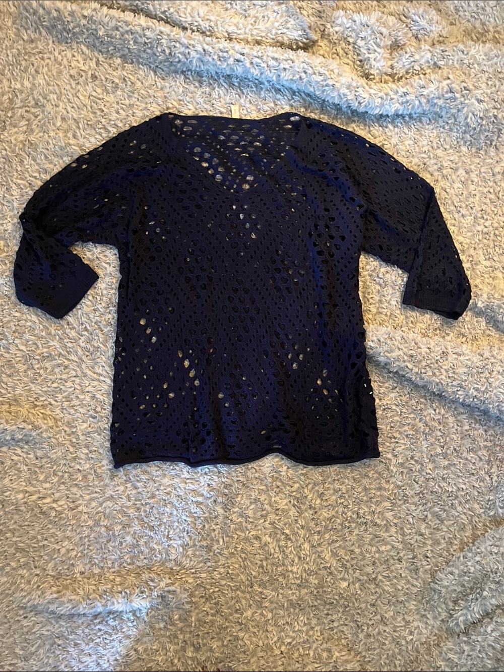 Women's Navy Crochet V-Neck Sweater